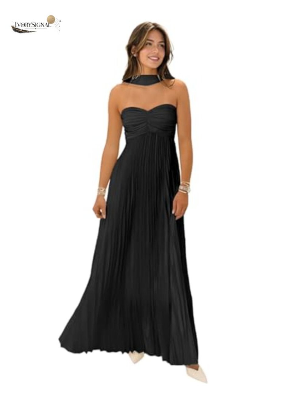 Strapless Pleated Satin Formal Evening Gown Maxi Dress with Scarf